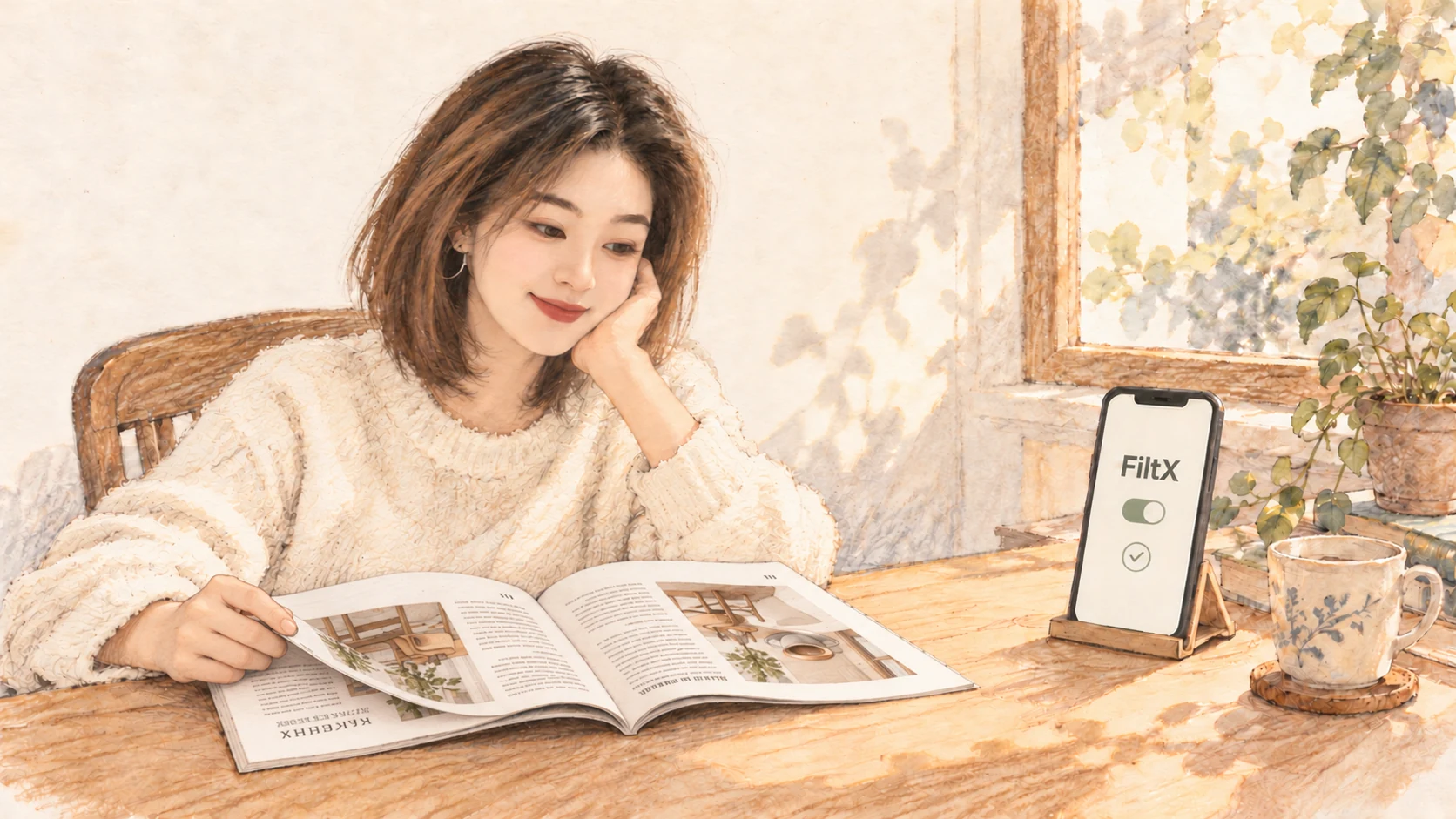 暖色铅笔淡彩插画:女孩悠闲地坐在桌前翻阅杂志,身旁的手机显示 FiltX,享受不被垃圾短信打扰的安静午后