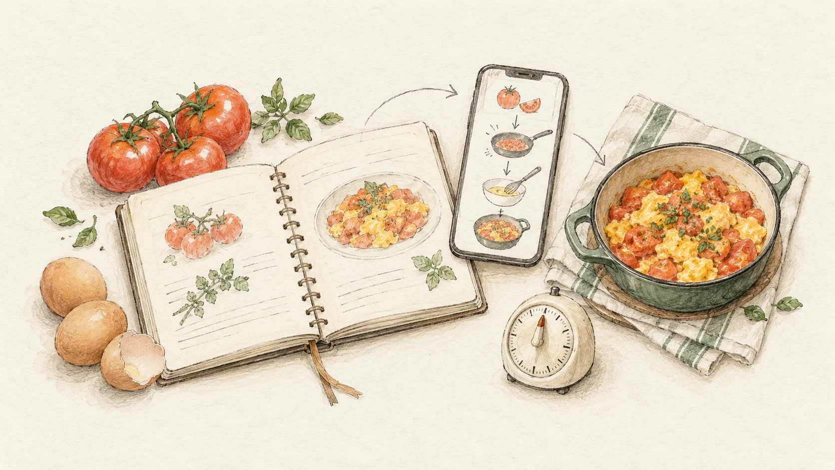 菜谱、食材和计时器组成的 SelfCook 手绘插图