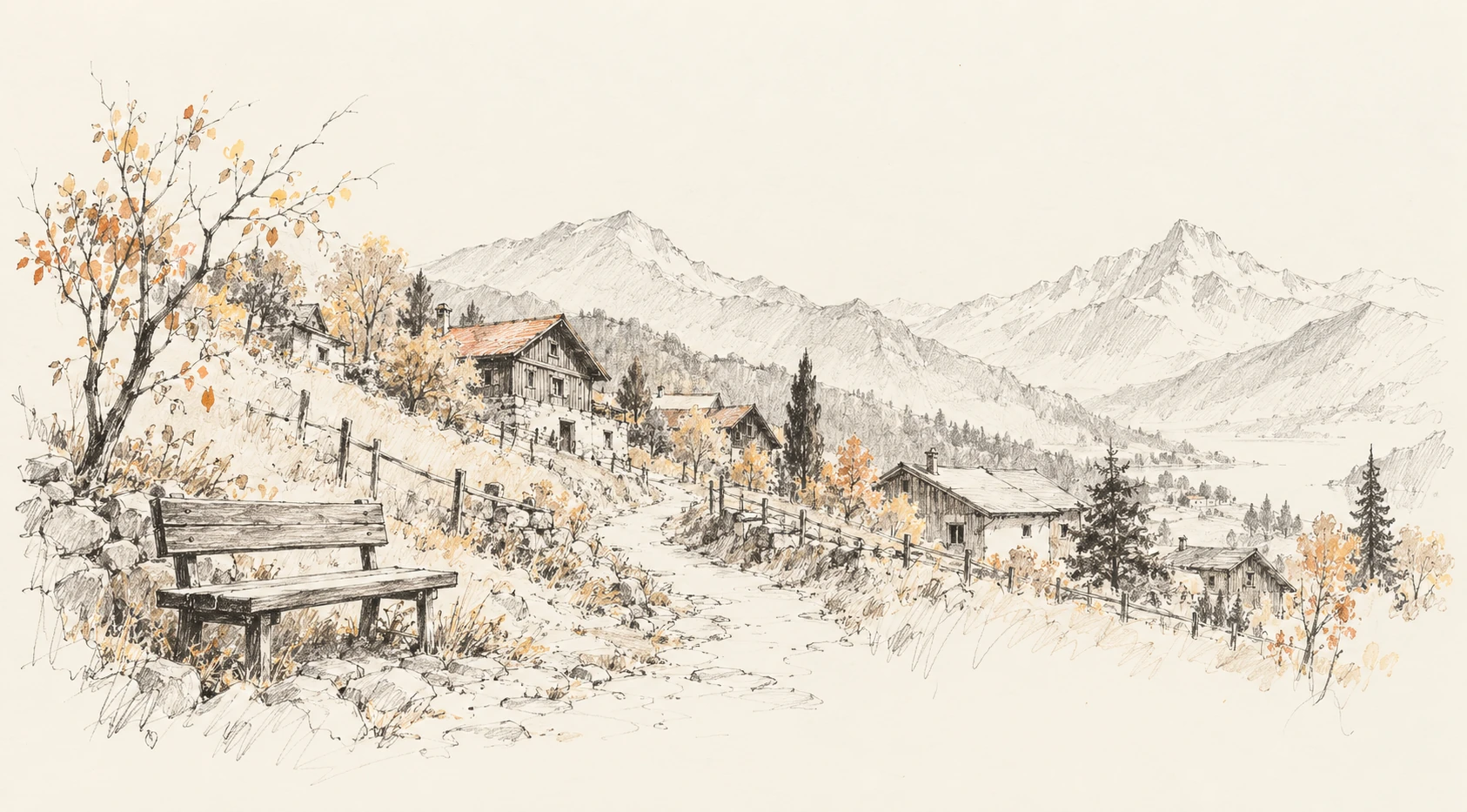 铅笔描绘的山间小村、树木与弯弯的小路